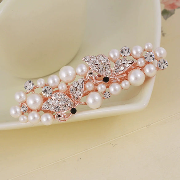 Wholesale Women's Alloy Hairpin With Butterfly Rhinestone And Pearl Design Nickelfree Plating And Diamond Treatment