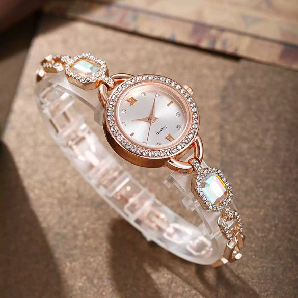 Wholesale Women's Alloy Leisure Watch With Colorful Gemstones And Round Dial And Gold Horseshoe Buckle