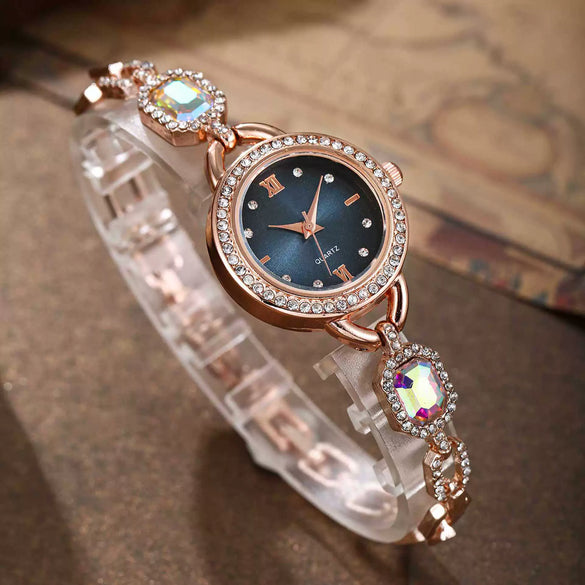 Wholesale Women's Alloy Leisure Watch With Colorful Gemstones And Round Dial And Gold Horseshoe Buckle