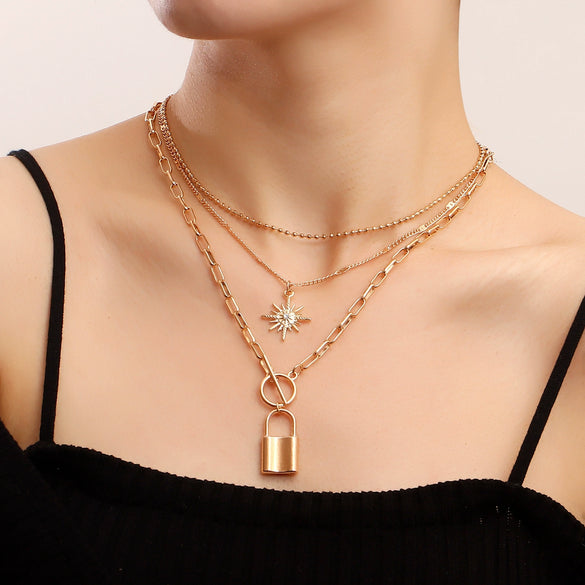 Wholesale Women's Alloy Metal Round Bead Exaggerated Eight Mans Star Multilayer Stacked Clavicle Chain Necklace Electroplated With Geometric Design