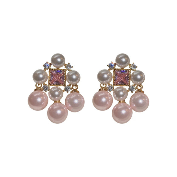 Wholesale Women's Alloy Needle Square Zircon Pearl Tassel Earrings With Real Gold Electroplated And Geometric Style