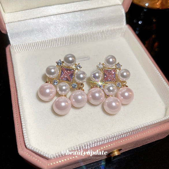 Wholesale Women's Alloy Needle Square Zircon Pearl Tassel Earrings With Real Gold Electroplated And Geometric Style