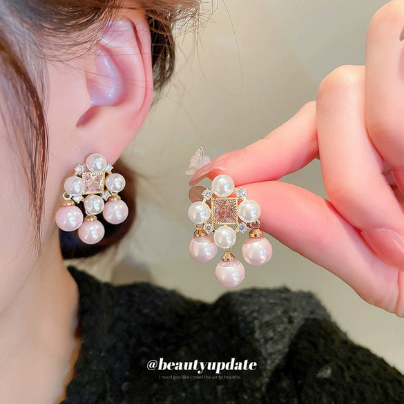 Wholesale Women's Alloy Needle Square Zircon Pearl Tassel Earrings With Real Gold Electroplated And Geometric Style
