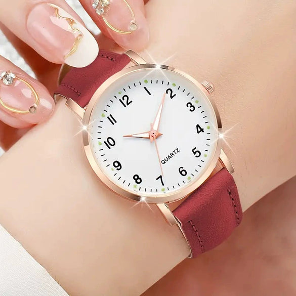 Wholesale Women's Alloy Pu Fashion Round Digital Luminous Pointer Quartz Watch With Onion Crown And Stainless Steel Pin Buckle