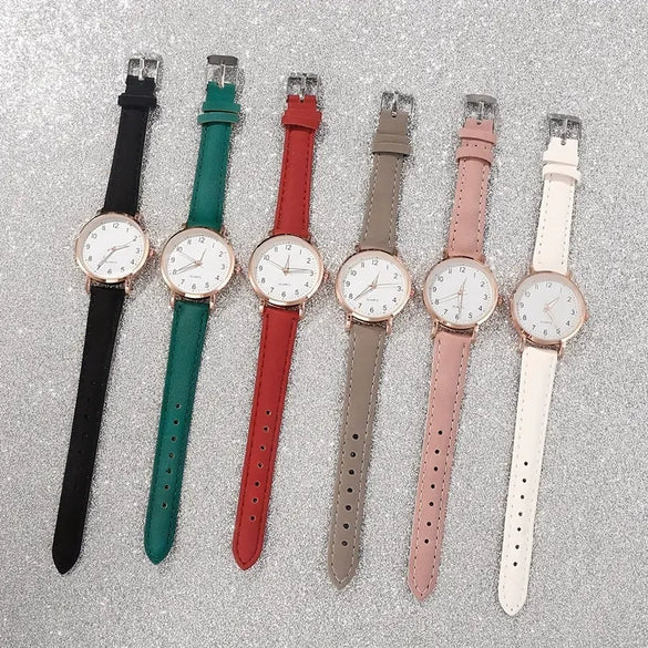 Wholesale Women's Alloy Pu Fashion Round Digital Luminous Pointer Quartz Watch With Onion Crown And Stainless Steel Pin Buckle