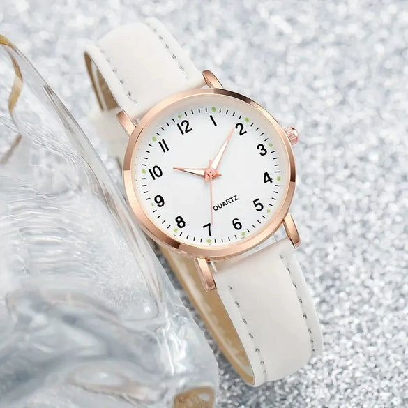 Wholesale Women's Alloy Pu Fashion Round Digital Luminous Pointer Quartz Watch With Onion Crown And Stainless Steel Pin Buckle