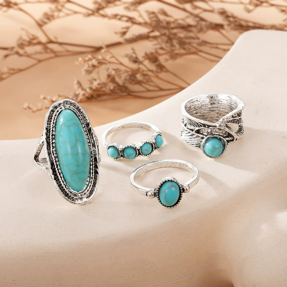 Wholesale Women's Alloy Retro Bohemian Feather Turquoise Ring Set With Wave Drop Geometric Pattern And Electroplating
