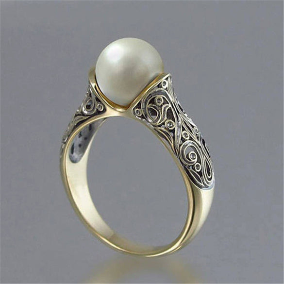 Wholesale Women's Alloy Ring With Synthetic Pearl Inlaid In Geometric Design And Plated Gold Jewelry