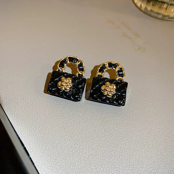 Wholesale Women's Alloy Silver Needle Geometric Earrings Set With Black Crystal High End Luxury Style