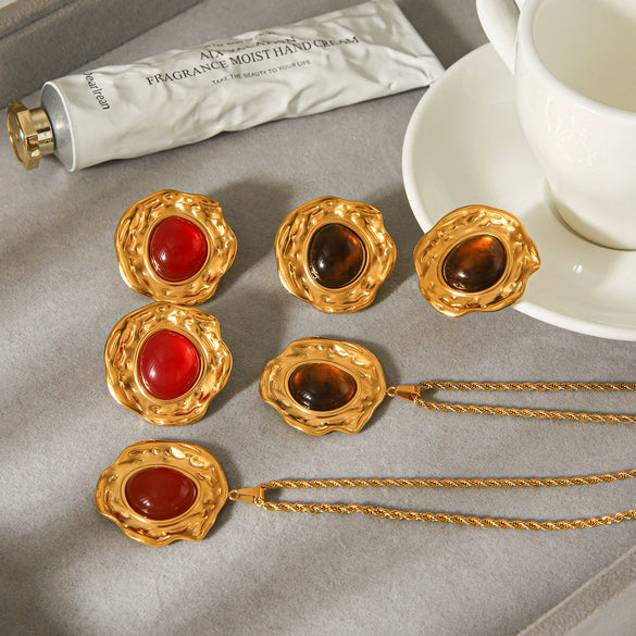 Wholesale Women's Ambercolored Geometric Stainless Steel Electroplated Gemstone Earrings And 18K Nonfading Necklace