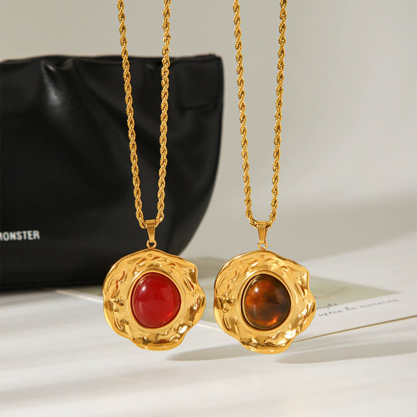 Wholesale Women's Ambercolored Geometric Stainless Steel Electroplated Gemstone Earrings And 18K Nonfading Necklace