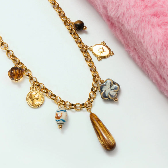 Wholesale Women's Ancient Style Geometric Tiger Eye Stone Stainless Steel Electroplated O Word Chain Necklace