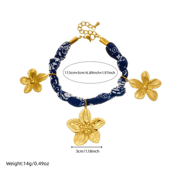 Wholesale Women's Ancient Style Plants And Flowers Pattern Blue Printed Fabric Chain Goldplated Stainless Steel Flower Pendant Jewelry Set