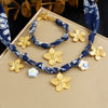 Wholesale Women's Ancient Style Plants And Flowers Pattern Blue Printed Fabric Chain Goldplated Stainless Steel Flower Pendant Jewelry Set
