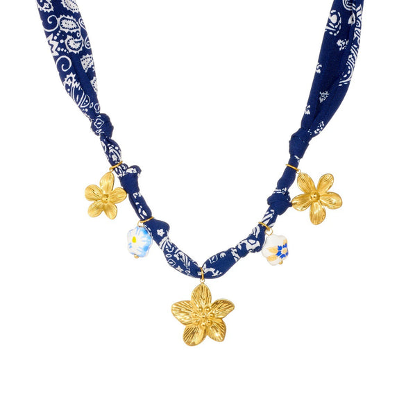 Wholesale Women's Ancient Style Plants And Flowers Pattern Blue Printed Fabric Chain Goldplated Stainless Steel Flower Pendant Jewelry Set