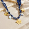 Wholesale Women's Ancient Style Plants And Flowers Pattern Blue Printed Fabric Chain Goldplated Stainless Steel Flower Pendant Jewelry Set