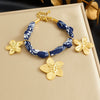 Wholesale Women's Ancient Style Plants And Flowers Pattern Blue Printed Fabric Chain Goldplated Stainless Steel Flower Pendant Jewelry Set