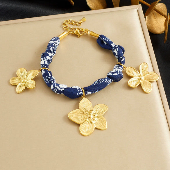Wholesale Women's Ancient Style Plants And Flowers Pattern Blue Printed Fabric Chain Goldplated Stainless Steel Flower Pendant Jewelry Set