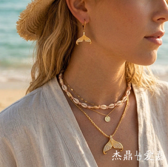 Wholesale Women's Animal Style Electroplated Stainless Steel And Titanium Steel Fishtail Necklace And Earrings Jewelry Accessories