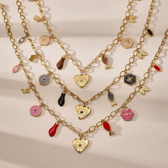 Wholesale Women's Animal Style Ferris Wheel Heartshaped Devil's Eye Pendant Necklace And Bracelet Set In Stainless Steel Zircon Enamel Glaze And Titanium Steel With Electroplating