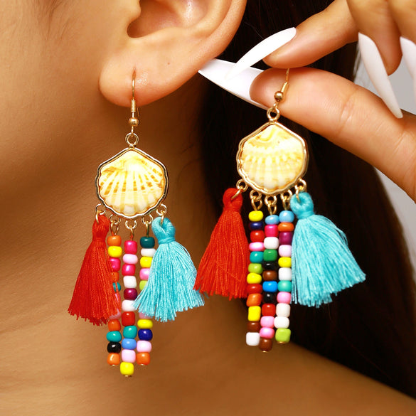 Wholesale Women's Animal Zodiac Pattern Iron Electroplated Shell Tassel Seed Bead Earrings