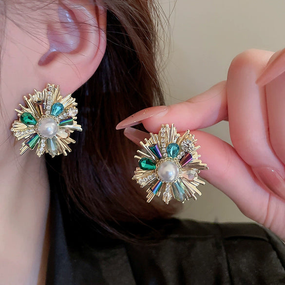 Wholesale Women's Artificial Crystal Butterfly Earrings With Real Gold Electroplated Silver Needles And Inlaid Pearls