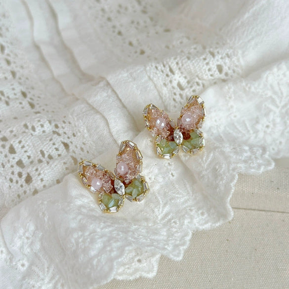 Wholesale Women's Artificial Crystal Butterfly Earrings With Real Gold Electroplated Silver Needles And Inlaid Pearls