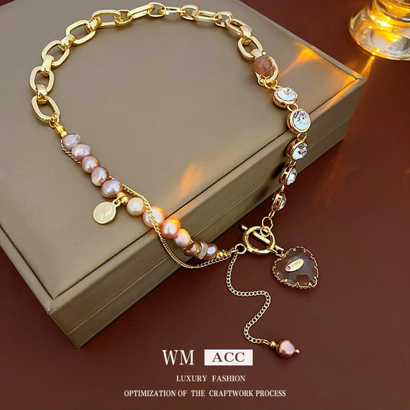 Wholesale Women's Asymmetric Freshwater Pearl And Diamondembedded Copper Clavicle Chain Necklace With Electroplating