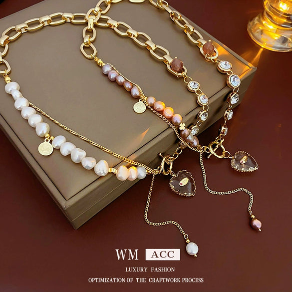 Wholesale Women's Asymmetric Freshwater Pearl And Diamondembedded Copper Clavicle Chain Necklace With Electroplating