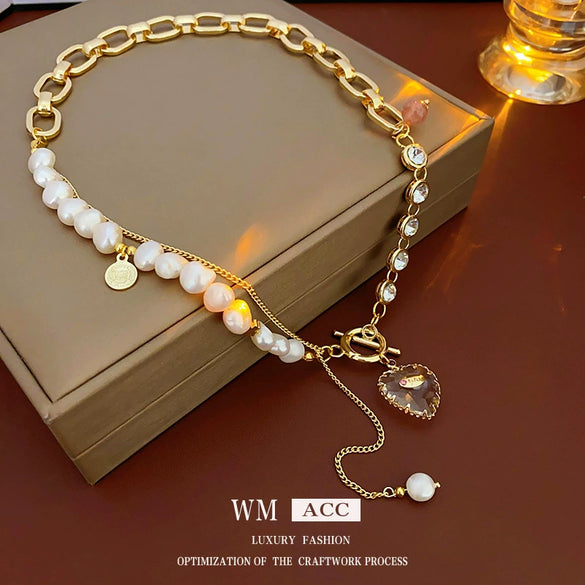 Wholesale Women's Asymmetric Freshwater Pearl And Diamondembedded Copper Clavicle Chain Necklace With Electroplating