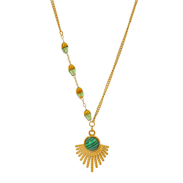 Wholesale Women's Asymmetric Retro Geometric Fanshaped Stainless Steel 18K Gold Plated Necklace With O Word Chain