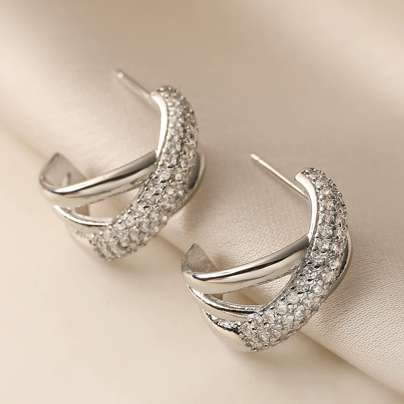 Wholesale Women's Asymmetrical Geometric Cshaped Copper Micropaved Earrings