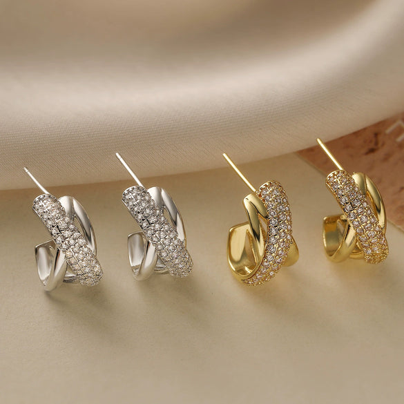 Wholesale Women's Asymmetrical Geometric Cshaped Copper Micropaved Earrings