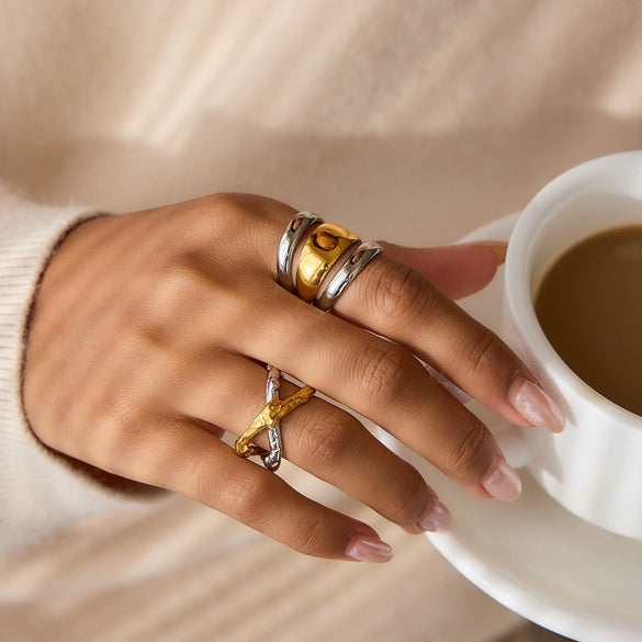 Wholesale Women's Asymmetrical Geometric Stainless Steel Electroplated Two Color Cut Out Open Ring