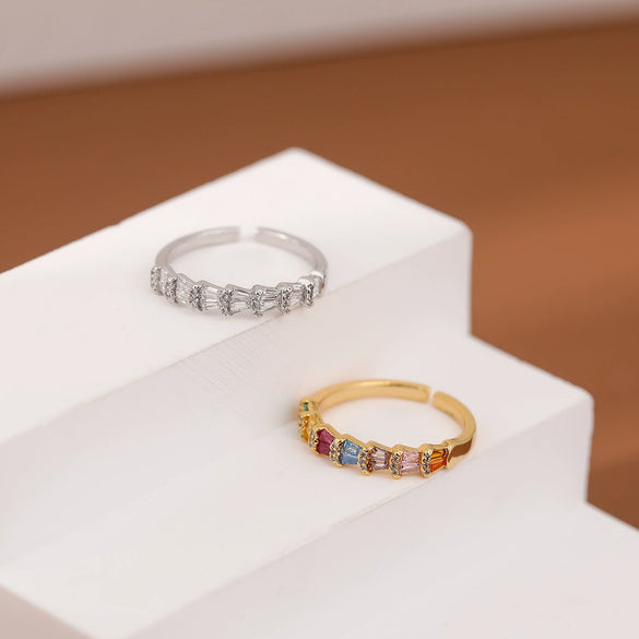 Wholesale Women's Bamboo Copper Ring With Geometric Pattern And Colorful Zircon And Intricate Pavéset Colored Diamonds Electroplated