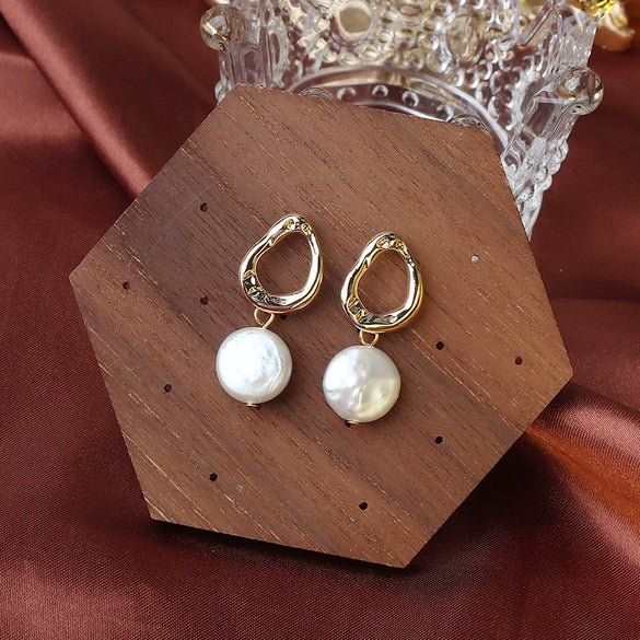 Wholesale Women's Baroque Button Earrings Natural Freshwater Pearl 925 Sterling Silver Needle Oblate Shape