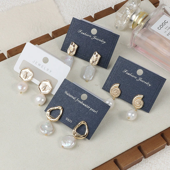 Wholesale Women's Baroque Button Earrings Natural Freshwater Pearl 925 Sterling Silver Needle Oblate Shape