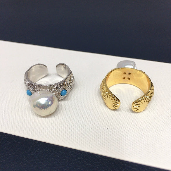 Wholesale Women's Baroque Freshwater Pearl And Turquoise Ring With Alien Shaped Pearls And Copper Material