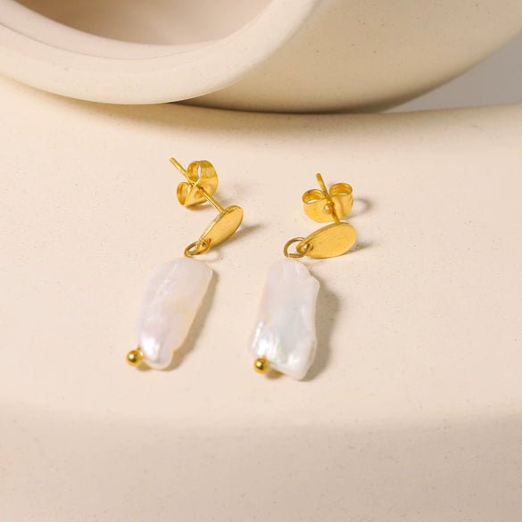 Wholesale Women's Baroque Natural Freshwater Pearl Earrings Pure Handmade Titanium Steel Geometric Style