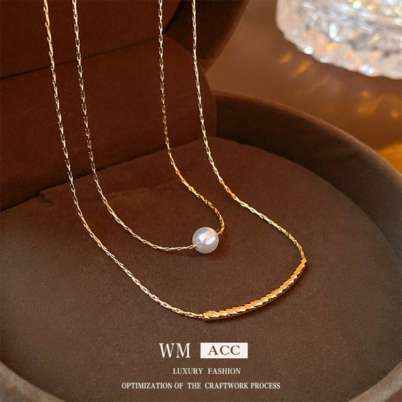 Wholesale Women's Baroque Pearl Doublelayer Allmatching Copper Clavicle Chain Necklace With Geometric Pattern And Electroplating Treatment