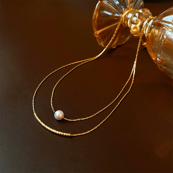 Wholesale Women's Baroque Pearl Doublelayer Allmatching Copper Clavicle Chain Necklace With Geometric Pattern And Electroplating Treatment