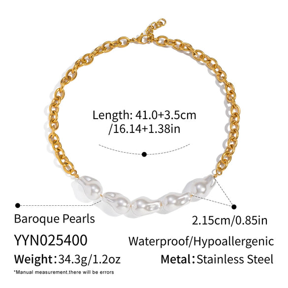 Wholesale Women's Baroque Pearl Necklace With Geometric Design 18K Real Gold Plated Stainless Steel Chain Light Luxury Minimalist Style