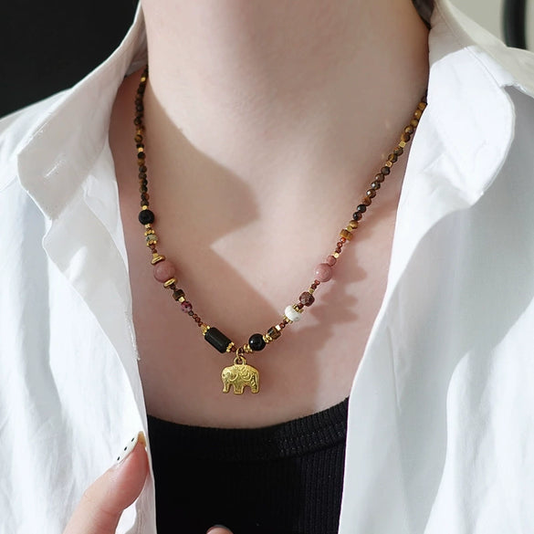 Wholesale Women's Beaded Elephant Zodiac Niche High End Autumn And Winter Clavicle Chain Handmade With Alloy Pendant