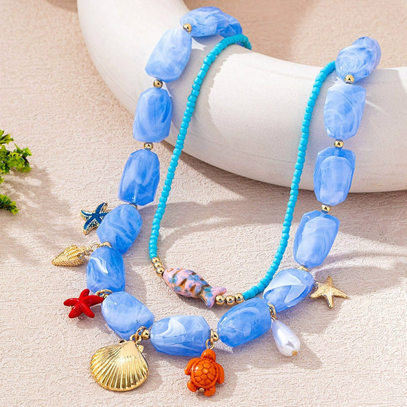 Wholesale Women's Beaded Necklace With Starfish And Shell Pendants Ocean Vacation Style Flower Pattern Zinc Alloy Electroplated