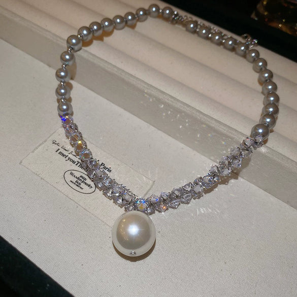 Wholesale Women's Beaded Pendant Necklace With Imitation Pearls And 925 Silver Geometric Handmade Design Simple Light Luxury All Match Collar Chain