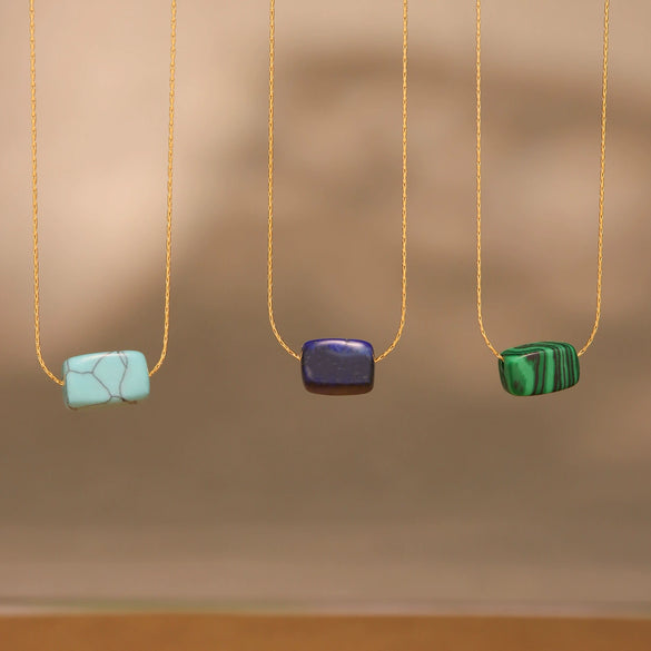 Wholesale Women's Blue Turquoise Geometric Square Pendant 316L Stainless Steel 18K Gold Plated Clavicle Necklace Chain