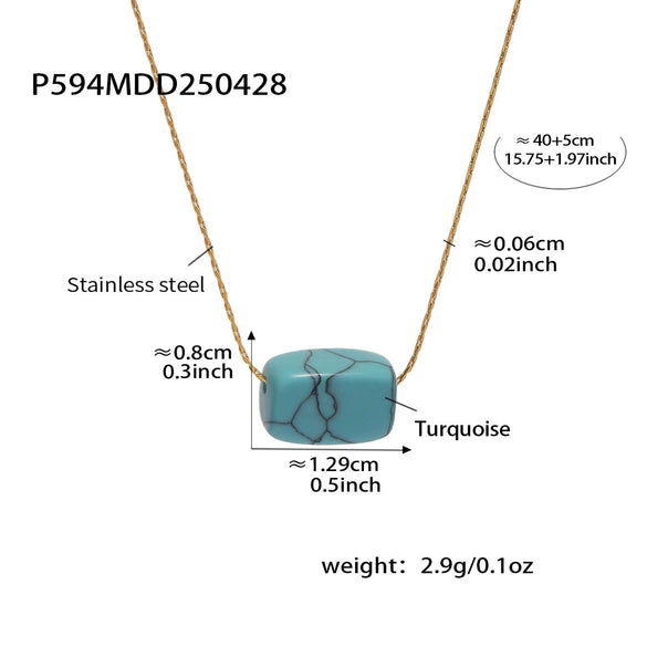 Wholesale Women's Blue Turquoise Geometric Square Pendant 316L Stainless Steel 18K Gold Plated Clavicle Necklace Chain