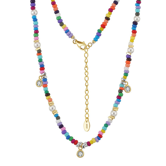 Wholesale Women's Bohemian Style 925 Sterling Silver Geometric Beads Clavicle Chain Necklace With Electroplating