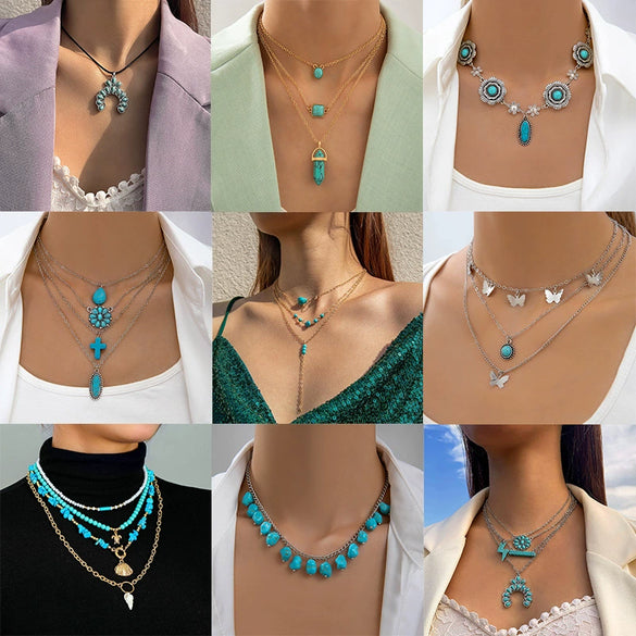 Wholesale Women's Bohemian Style Vintage Turquoise Flower Turtle Shell Alloy Resin Necklace Electroplated