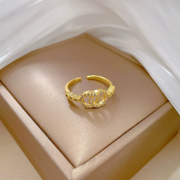 Wholesale Women's Brass Crown Pattern Open Double Ring With Gold Electroplating And Micro Inlay
